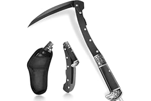 YEESOOM Black Sharp Folding Sickle Knife, Two Section Foldable Scythe Knife, Wooden Handle Folding Scythe Tool with Sophisticated Rose Pattern, Folding Kama Collection with Sheath