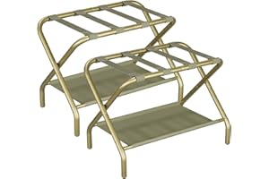Smuxee Gold Luggage Rack Pack of 2, Foldable Suitcase Stand with Fabric Storage Shelf, Luggage Holder with 4 Nylon Straps for Guest Room Bedroom Hotel