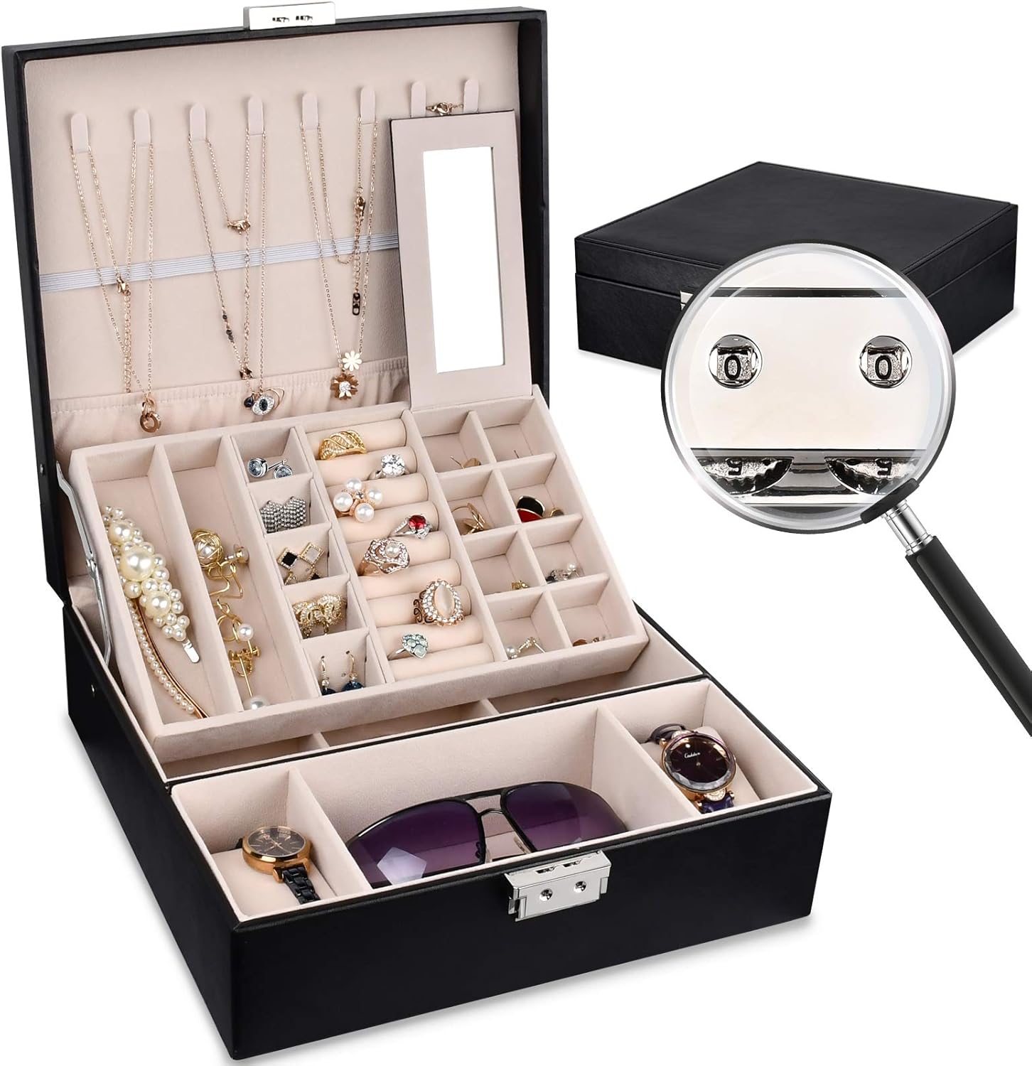 Womens Jewelry Boxes Jewelry Organizer Box with Coded Lock, Black Large Jewelry Storage Box for Women Girls Two Layers 36 Compartments, Jewelry Holder Bracelets Necklaces Earrings Organizer: Home Improvement