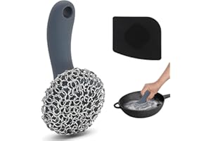 TMEDW Cast Iron Scrubber with Long Handle | 316 Cast Iron Cleaner Chainmail Scrubber for Cast Iron Pan Skillet Cleaner - Dish Scouring Pad Dishwasher Safe Cleaning Kit (Grey, 1 Scrubber + 1 Scraper)