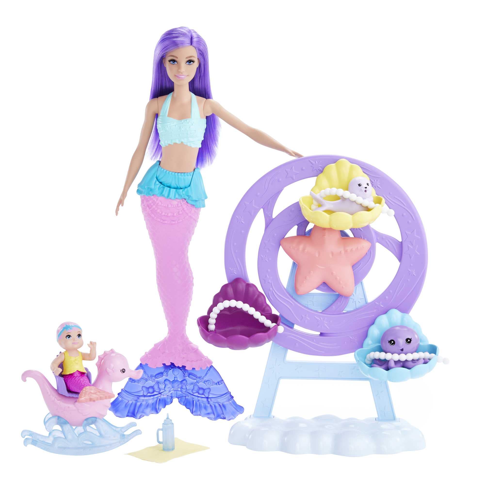 Barbie Mermaid Doll with Purple Hair, Mermaid Toys, Nurturing Barbie Playset with Merbaby, Octopus, Seal and Accessories​​​