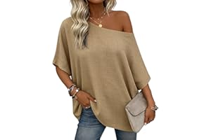 Borniu Womens Loose Fit Sexy Off The Shoulder Tops Summer Half Batwing Sleeve Oversized T-Shirts Flowy Solid Color Tees
