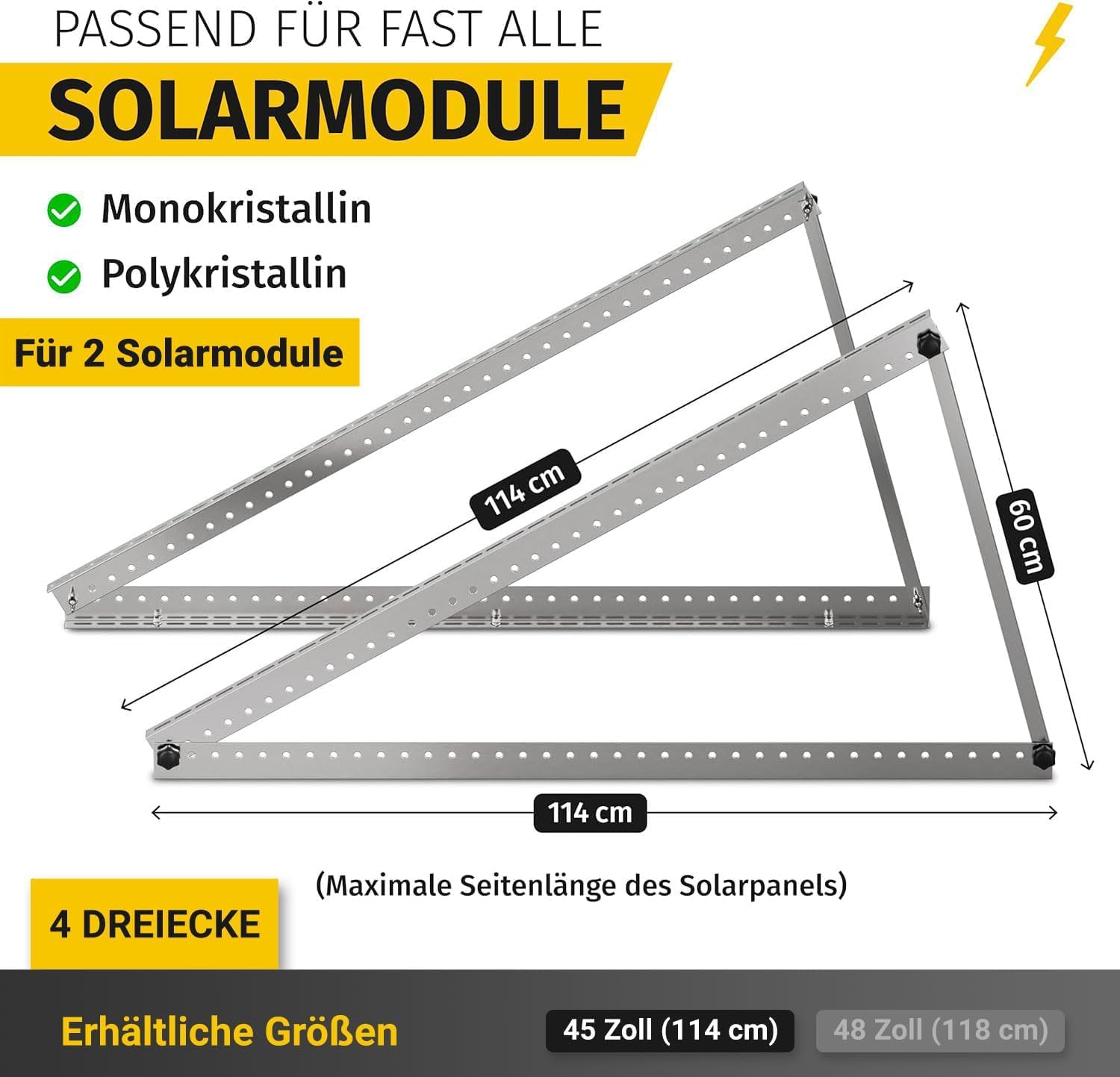 Avoltik Balkonkraftwerk Halterung im 2er Set (bis 114cm) I Halterung für 2 Solarpanel-Module I Verstellbar von 0-90° I Ideal für Dach, Balkon & Boden 2