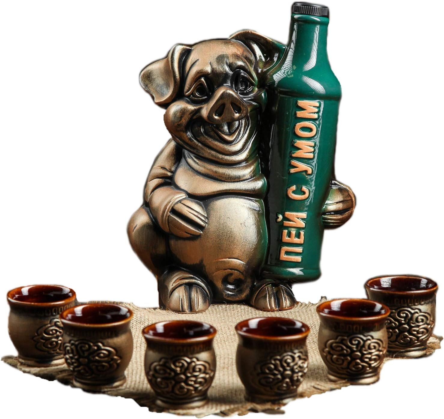 7Pieces Cognac Decanter Set ''Pig'' 6 Shot Glasses 3 oz