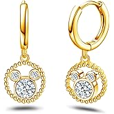 Mouse Earrings for Women Gold Plated Sterling Silver CZ Round Mouse Dangle Hoop Earrings Sparkling Cute Huggie Animal Earrings Lucky Cute Princess Jewelry Gifts for Women Daughter Birthday Party