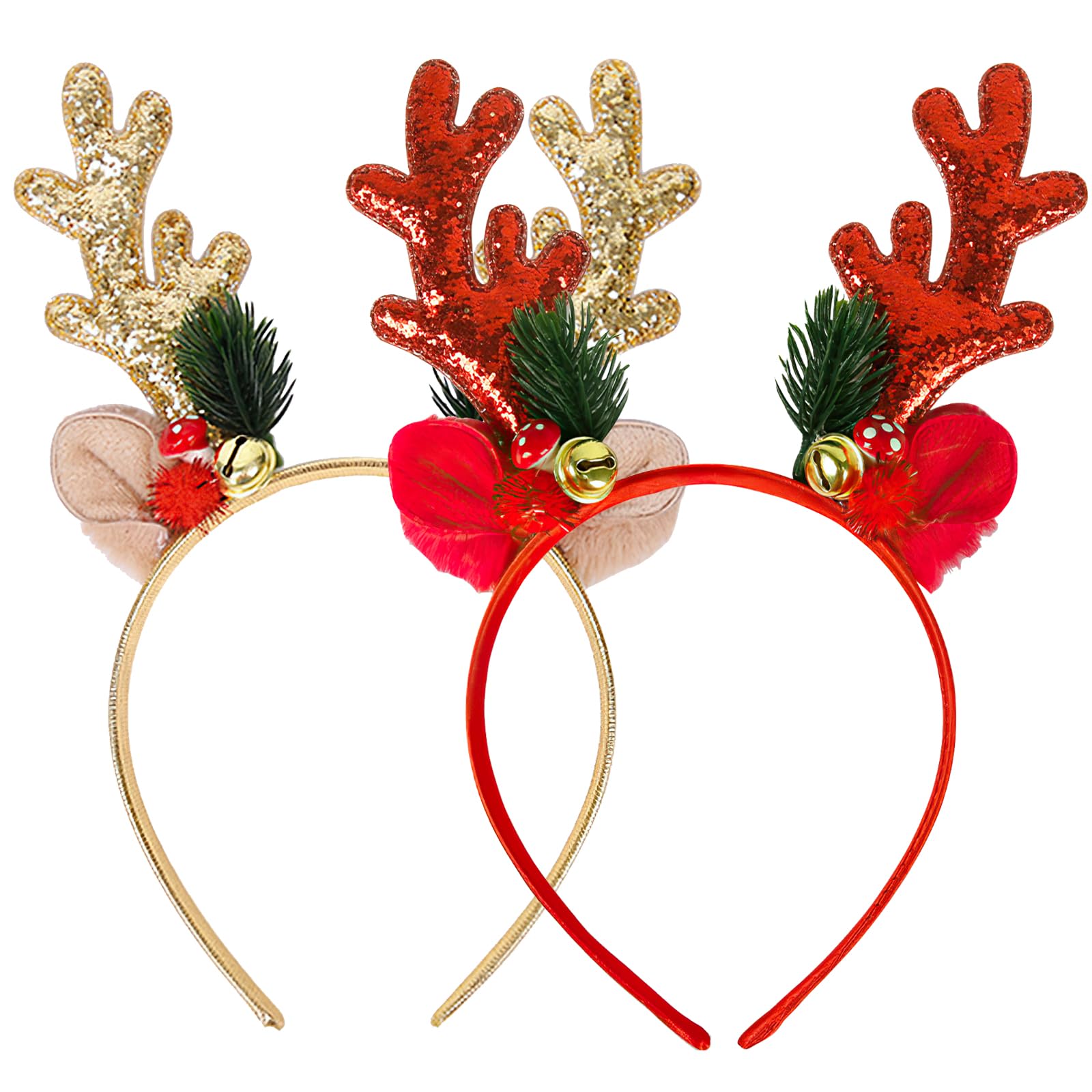 CYMYGS 2 Pcs Christmas Reindeer Headband, Sequins Antlers Xmas Headbands, Cute Xmas Hair Hoops with Ears, Xmas Hair Accessories for Holiday Party Decorations Costume Accessory for Kids Women Girls