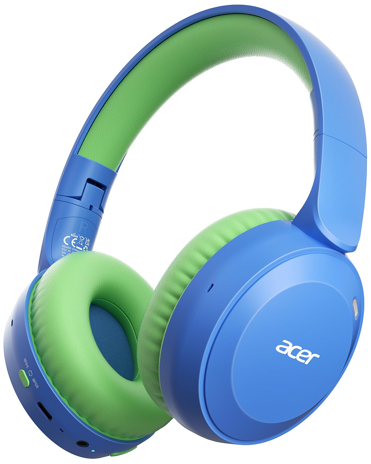 Acer Kids Bluetooth Headphones, 85/94dB Volume Limiter, Foldable Wireless Over-Ear Headphones for iPad, Travel, 60H Playtime, Bluetooth 6.0, Built-in Mic, Blue Green