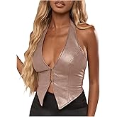 SOLY HUX Women's PU Leather Halter Tank Tops Sexy Deep V Neck Asymmetrical Vest Corset Party Clubwear