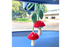 MOTANEY Mushroom Car Accessories, (Glue Free) Safe Crochet Car Mirror Hanging Accessories, Cute Crochet Car Accessories for Women, Rear View Mirror Accessories Car Hanging Ornament, Bag Charms