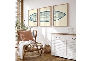 NATVVA Wall Decor 3 Pieces Surfboard Canvas Painting Prints Art Poster Sea and Surf Pictures for Beach House Decor with Wooden Inner Frame