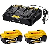 Upgraded 6000mAh DCB206-2 Batteries and Charger Kit Compatible for Dewalt 20v Battery Replacement, 2 Pack 20V DCB206 Batterie