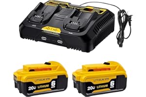 Upgraded 6000mAh DCB206-2 Batteries and Charger Kit Compatible for Dewalt 20v Battery Replacement, 2 Pack 20V DCB206 Batterie