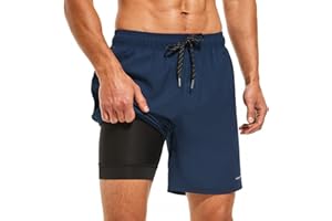 HODOSPORTS Mens 7" Swim Trunks with Compression Liner S-6XL Quick Dry Swimming Shorts Zipper Pockets Swimsuits