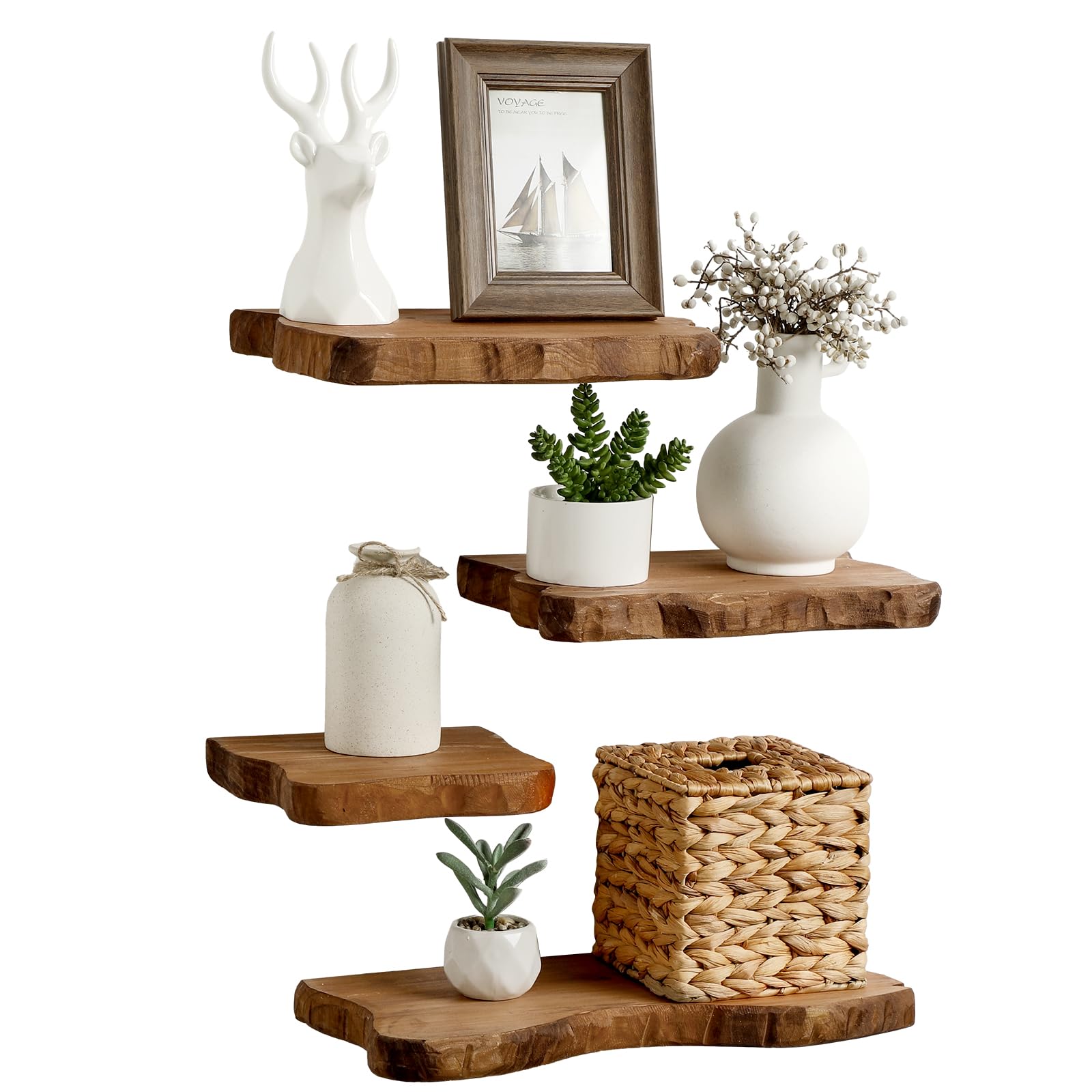 Photo 1 of Pinkunn 4 Pcs Floating Shelves for Wall Rustic Wall-Mounted Wooden Shelves Solid Wood with Live Edge Design Bathroom Bedroom Kitchen Storage Living Room Decor Nursery Book Display Shelf(Medium)