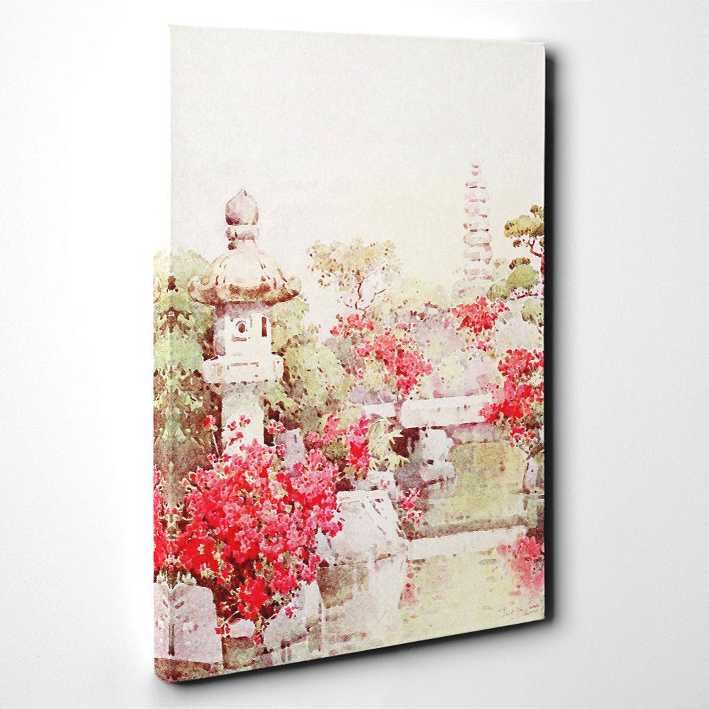 Ella Du Cane Japanese Oriental Azaleas, Kyoto Canvas Print | Gallery Wrapped 30mm Frame Wall Art | 20x14 inches | Ready to Hang | Asian Picture | Living Room Bedroom Lounge Office
