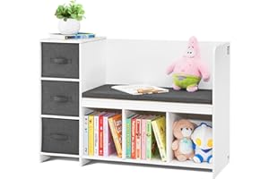 VEVOR Kids Reading Nook Bench, Toddler Bookshelf and Bookcase with Detachable Seat Cushion, 6-Cubby Storage Organizer Bench with 3 Drawers, Ideal for Playroom, Bedroom, Living Room or Entryway, White