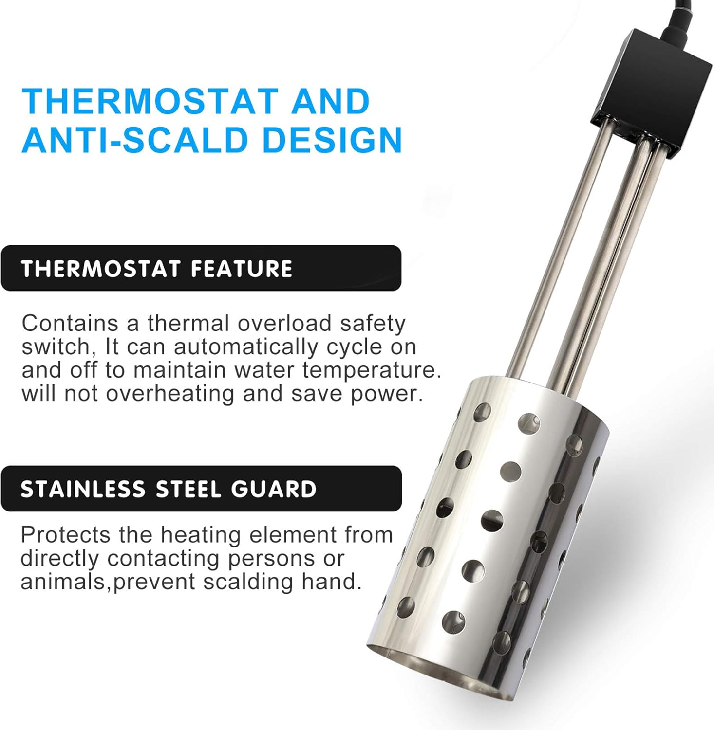 Gesail 1500W Electric Immersion Heater, UL-Listed Bucket Water Heater with 304 Stainless-steel Guard, Submersible Bucket Heater with Thermostat and Auto Shutoff, Heats 5 Gallons Water in Minutes - - 