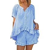 codcm Womens 2 Piece Ruffle Pajama Set Gingham Pjs Short Sleeve Babydoll Shirt and Shorts Plaid Summer Outfits