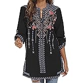 LauraKlein Mexican Shirts for Women Summer Casual Embroidered Tops Ladies Button Down Tops Peasant Tunic Loose Blouse