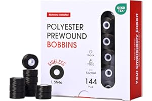 POOLIN Richword Selected Prewound Bobbins, Black SideLess 144pcs Size L(SA155), 75D/2(60WT) Polyester Bobbin Thread for Commercial Multi Needles Embroidery Machine, 120 Yards