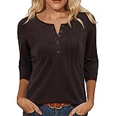 Uhiger Henley Shirts for Women Button Down 3/4 Sleeve Tops Pleated V Neck Blouses Dressy Casual Basic Tunic Trendy Outfits