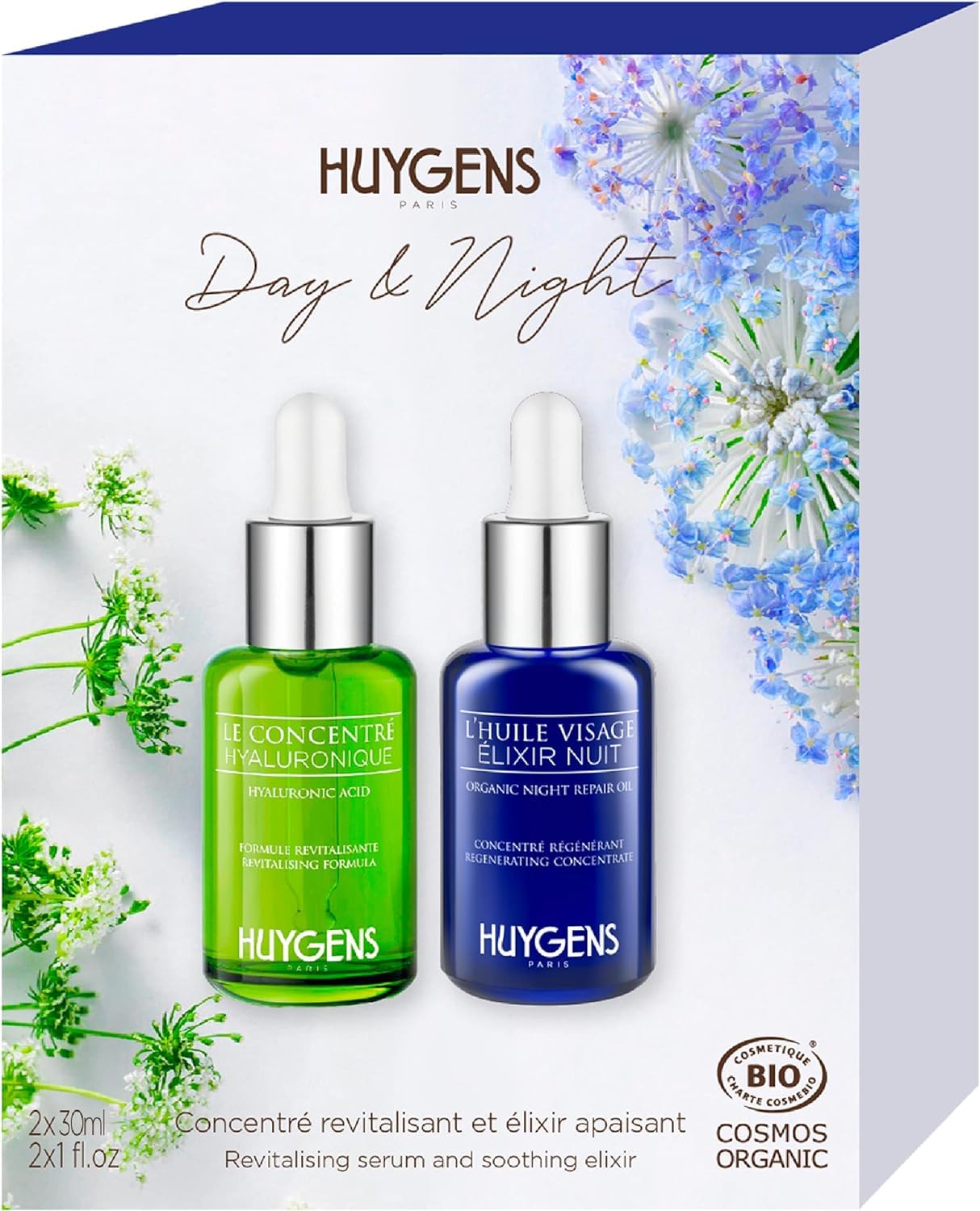 HUYGENS - The Day & Night Duo - 2 x 30ml Face Serums - Day Revitalizing Concentrate and Night Repair Oil - All skin types - 100% Natural - Vegan - Made In France