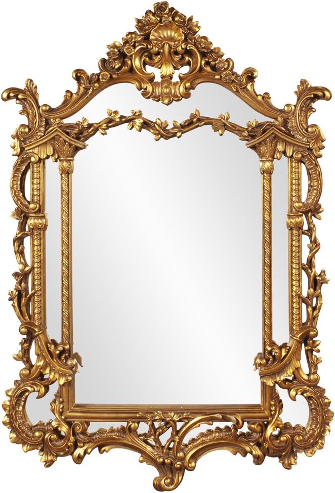 Howard Elliott Arlington Baroque Hanging Wall Mirror, Ornate Arched Rectangle Frame, Gold Leaf Resin, 34 x 49 Inch