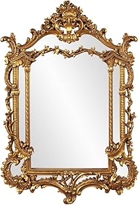 Howard Elliott Arlington Baroque Hanging Wall Mirror, Ornate Arched Rectangle Frame, Gold Leaf Resin, 34 x 49 Inch
