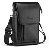 Hengwin Genuine Leather Small Crossbody Bag for Men Women, Cellphone Belt Pouch Bag, Travel Passport Wallet, Shoulder Holster (Black)