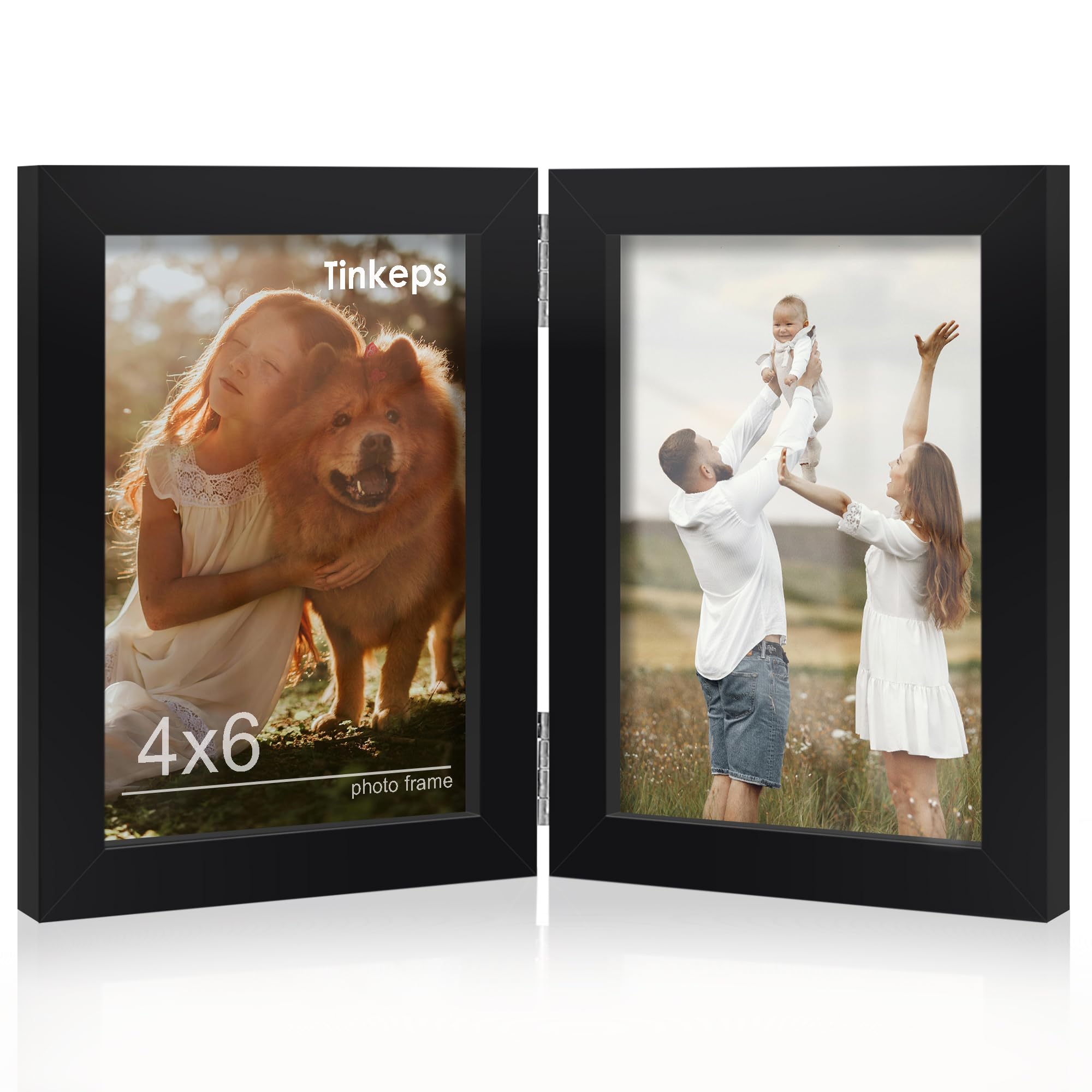 Tinkeps Double Photo Frame 6x4, Hinged Folding Picture Frames 4x6 for Tabletop Display, Black.