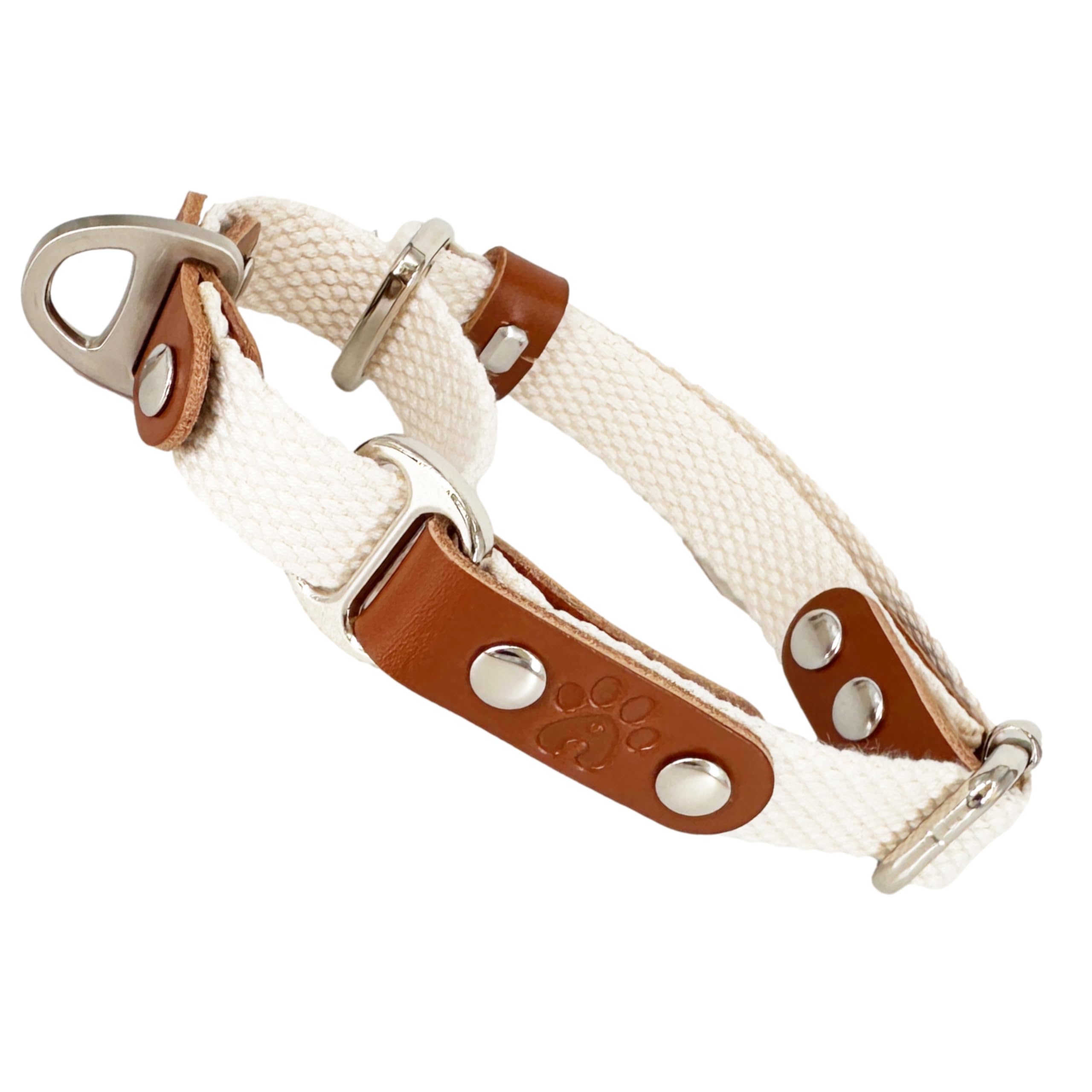Martingale Dog Choke Collar, Antipull, Poly-Cotton and Leather. XS. Beige & Cognac