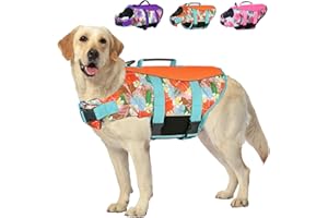 FRAGRALLEY Dog Life Jacket Large, High Flotation Vest for Swimming Boating, Hawaiian Reflective Puppy Swim Vest, Adjustable Safety Dogs Floating With Superior Buoyancy and Rescue Handle