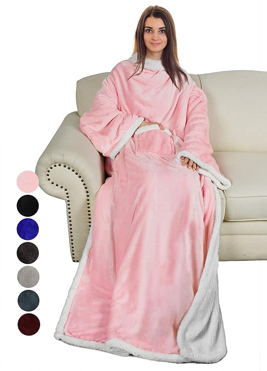 Sherpa Fleece Wearable Snuggle Blanket with Sleeves and Pocket Warm