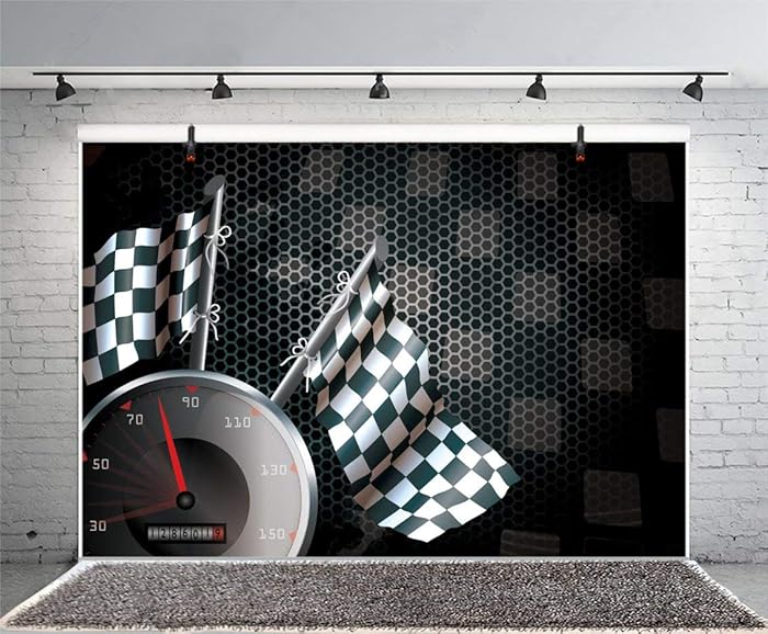 8x6FT Photography Background Speed Racing Backdrop Happy Birthday Exciting Game Checkered Flag Car Dash Board Heavy Metal Wallpaper Cowboy Baby Shower Photo Portrait Vinyl Studio Video Prop