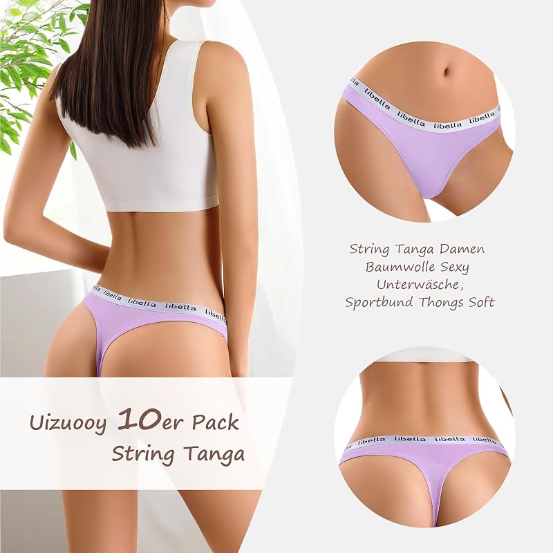 10er Pack String Tanga Damen Baumwolle Sexy Unterwäsche für Frau Sexy Slip for Women Sportbund Thongs Soft Dessous Thong Mehrpack UN1-S-10 — Foto 3 von 7