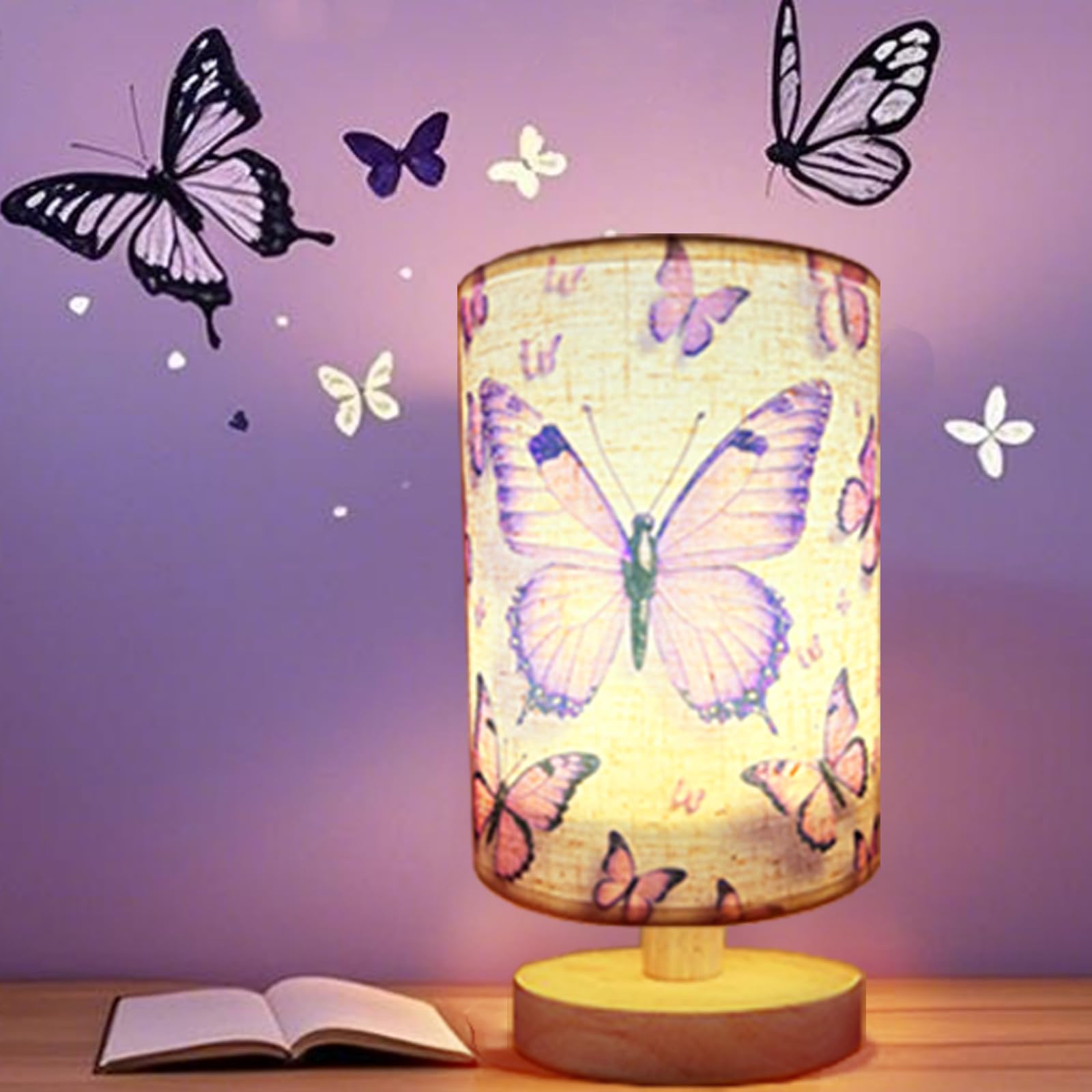 Photo 1 of Butterfly Lamp, Kids Lamps for Bedrooms Girls, 3 Color Changing LED Night Light with 9 Brightness Levels Wood Nightstand Desk Base Flaxen Fabric Shade for Bedroom Living Room (Purple Butterfly)