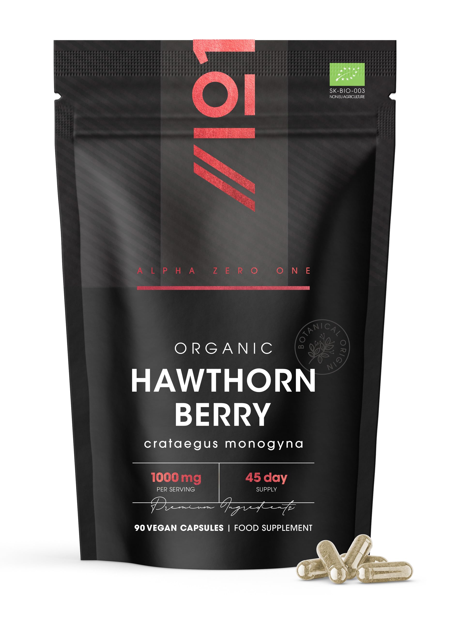 Organic Hawthorn Berry 1000mg – High Strength Hawthorn Supplement – 90 Vegan Capsules – Resealable and Recyclable Pouch by Alpha01