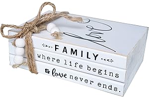 LIVDUCOT Wooden Decorative Books Stack for Coffee Table Faux Book Stack for Decoration Love Family Where Life Begins Modern Farmhouse Decor White Book Decor for Shelf 7X 5.5X 2.5'