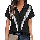 MYMORE Women's Western Cowgirl Rhinestone Fringe Button Down Shirt Rolled Cuffed Short Sleeve Shirt Country Concert Outfit