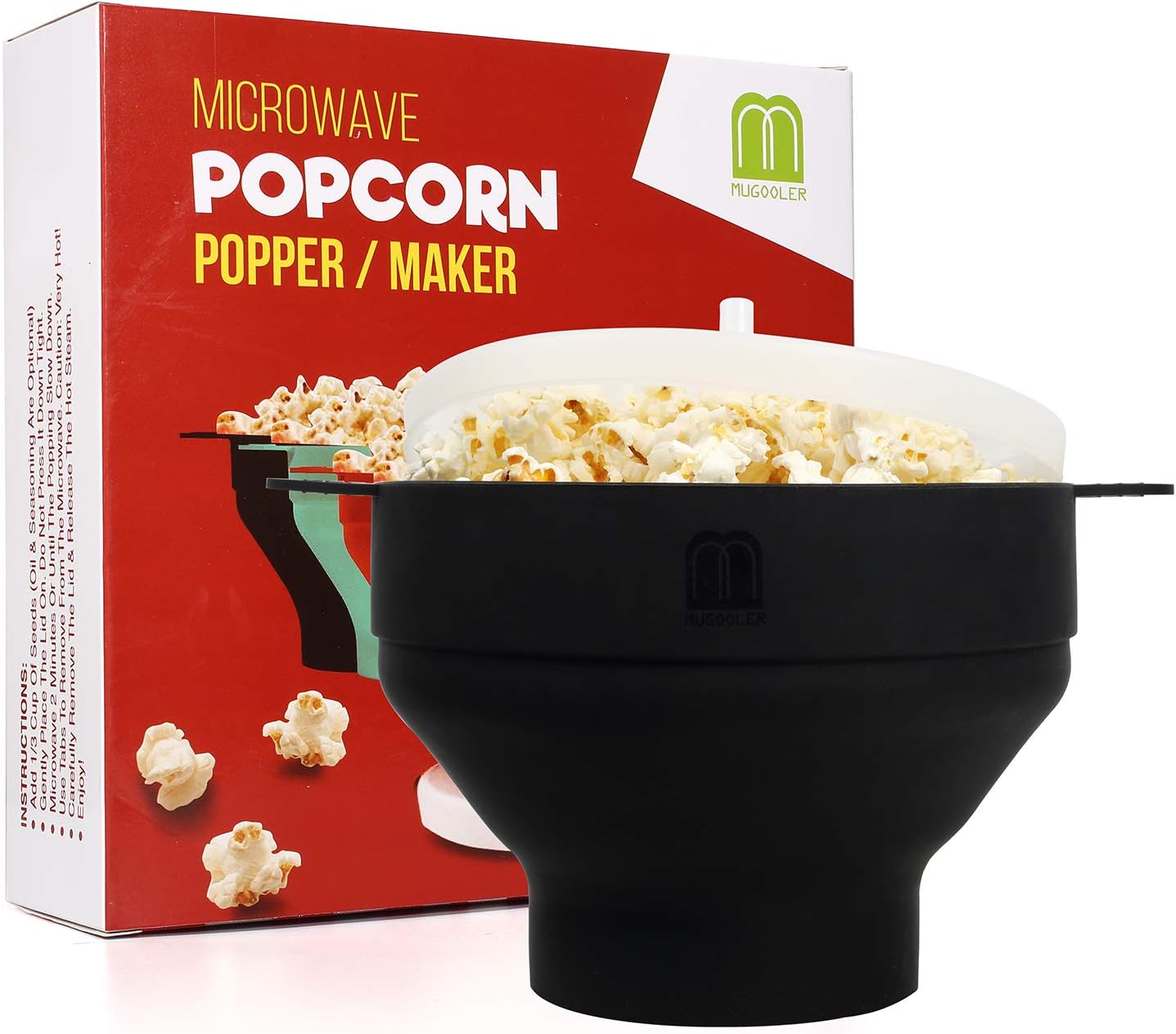 MUGOOLER Microwave Popcorn Popper Silicone Popcorn Maker, Collapsible Bowl with Lid BPA Free and Dishwasher Safe (Black)