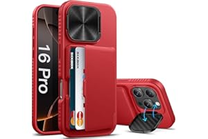 SIXBOX Kickstand Designed for iPhone 16 Pro Case with Card Holder & Camera Cover Stand, Heavy Duty Military Grade Protection Rugged Adjustable Stand Wallet Phone Case for iPhone 16 Pro 6.7", Red