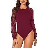 LYANER Women's Crew Neck Bodysuit Lace Hollow Out Long Sleeve Slim Fit Stretchy Leotards Tops