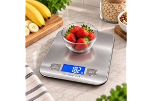 Balança Digital de Cozinha Precisão de 1g a 10kg Premium Resistente à Água em Inox Função Tara Fitness Display LCD Base Antiderrapante Durável Portátil para Alimentos e Dietas + 2 Pilhas AAA