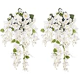Fake Hibiscus Artificial Hanging Flowers Plants for Outdoors Spring Decoration, 2pcs Silk Hibiscus Vines Realistic UV Resistant White Faux Flowers for Outside Planter Porch Patio Yard Wedding Party