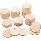 Yulejo 50 Pcs 2 Inch Unfinished Natural Wood Slices Flat Round Wooden Circles Cutouts with Hole Hanging for DIY Unpainted Blank Wooden Discs Pieces Crafts Project Decoration Ornament
