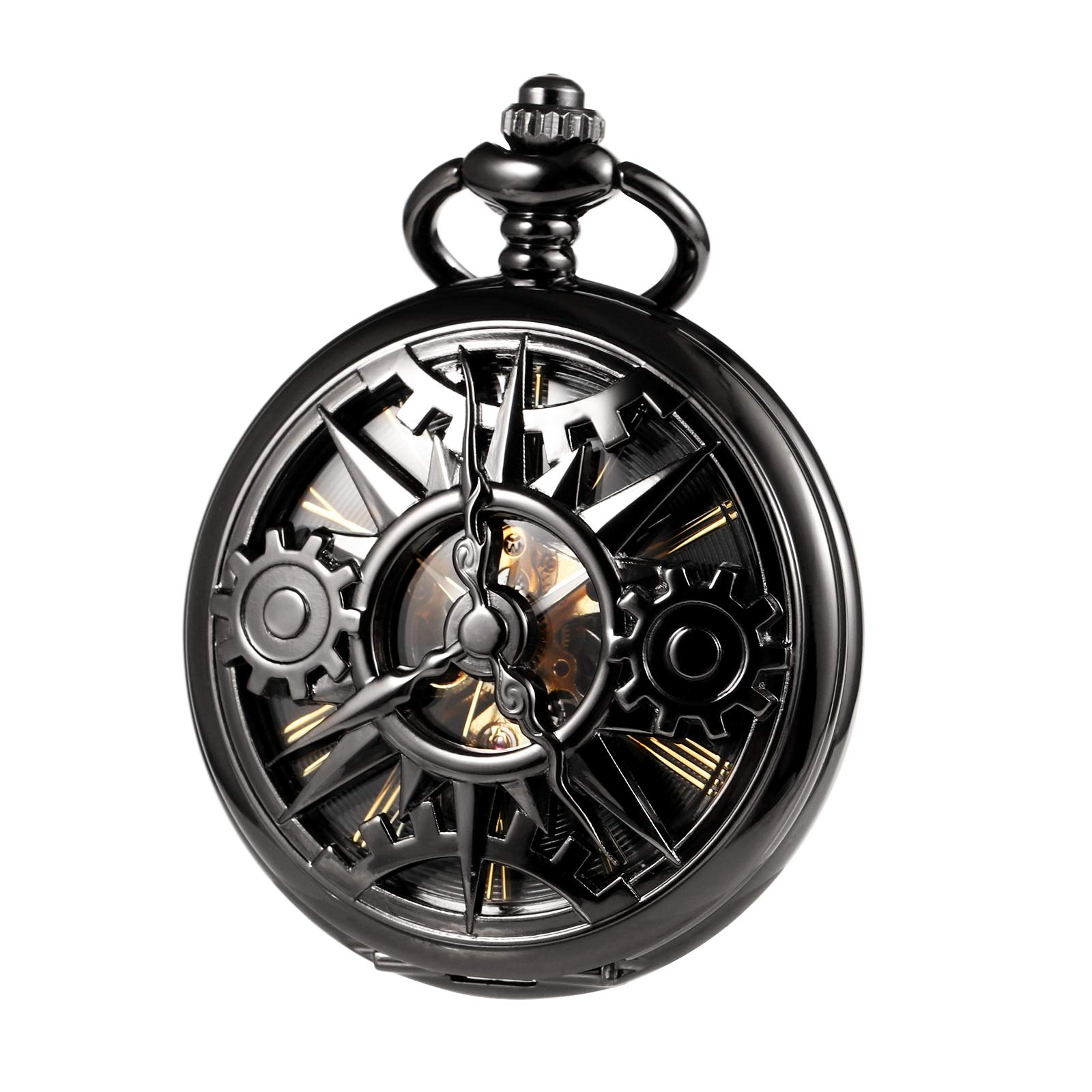 TREEWETO Unisex Pocket Watch with Chain Analogue Hand Winding Double Hinge Mechanical Gear Skeleton for Men Women Black