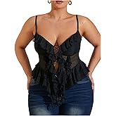 MakeMeChic Women's Plus Size Mesh Camisole Asymmetrical Criss Cross Ruffle Y2k Tank Tops