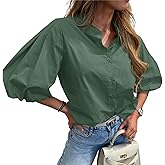 Tankaneo Womens Half Puff Sleeve Button Down Shirts Cotton Loose Fit Tops Summer Dressy Casual Blouses