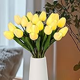 HOMESEASONS Pre-Lit 20pcs LED Lighted Fake Flowers Artificial Tulips Real Touch Tulip Bouquet 15" Faux Tulips for Easter Decor Spring Decor Mother's Day Home Kitchen Wedding Decorations(Cream)