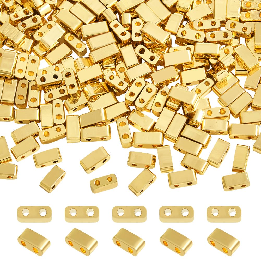 NBEADS 240 Pcs Golden Plated Colors Tila Beads, 4.5-5.5x2mm Glass Seed Beads 2 Hole Tila Beads Japanese Electroplate Glass Beads for Jewelry Design Necklace Bracelet Earring Making